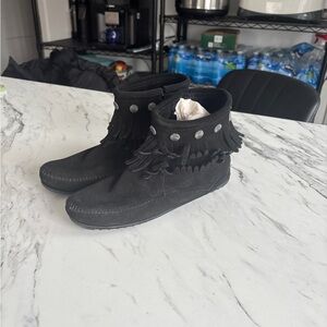 Minnetonka Black Fringe Ankle Boot with Silver Studs